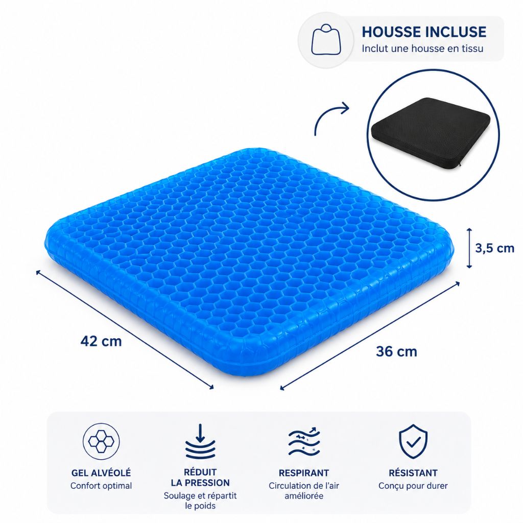 Coussin d'assise ergonomique en gel alvéolé